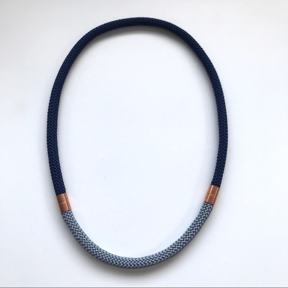 Navy blue + grey statement necklace with copper pieces - Picture 2 of 4